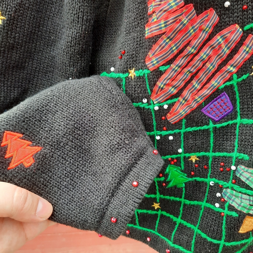 Vintage Ugly Christmas Sweater Tartan Plaid Trees Button Down Cardigan Holiday - Picture 5 of 13